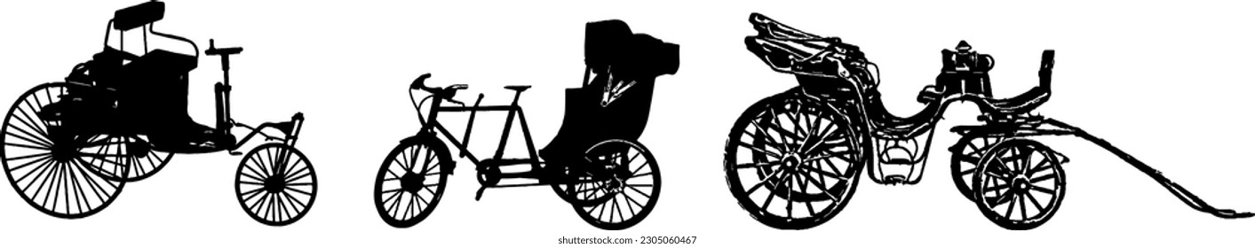 Vintage Rickshaw Shadows Silhouette Vector Illustration Set of Retro Rides, Retro Rickshaw Silhouettes Vintage-Inspired Vector Illustration Collection
