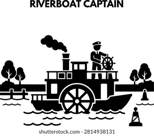 Vintage Riverboat Captain Steering Paddle Wheel Steamboat on River Vector Illustration