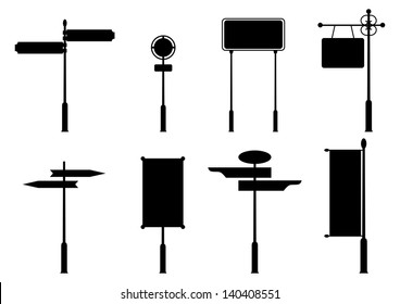 Vintage road signs. Set of black silhouettes on white background. Place for any text.