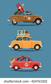 Vintage road trip summer vacation small cars, vector flat design. Hippie surf car with surfboard, yellow two door car with luggage suitcases on roof rack and basket picnic small city vintage car