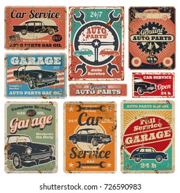 Vintage road vehicle repair service, garage and car mechanic advertising vector metal signs. Garage repair service old banner illustration