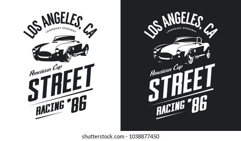Vintage roadster car black and white isolated vector logo. Premium quality old sport vehicle logotype t-shirt emblem illustration. Los Angeles racing street wear hipster retro tee print design.