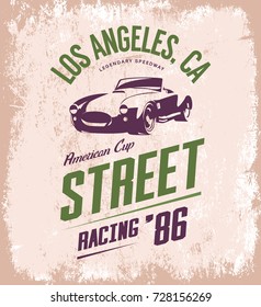 Vintage roadster car vector logo isolated on light background. Premium quality old sport vehicle logotype t-shirt emblem illustration. Los Angeles racing street wear superior retro tee print design.