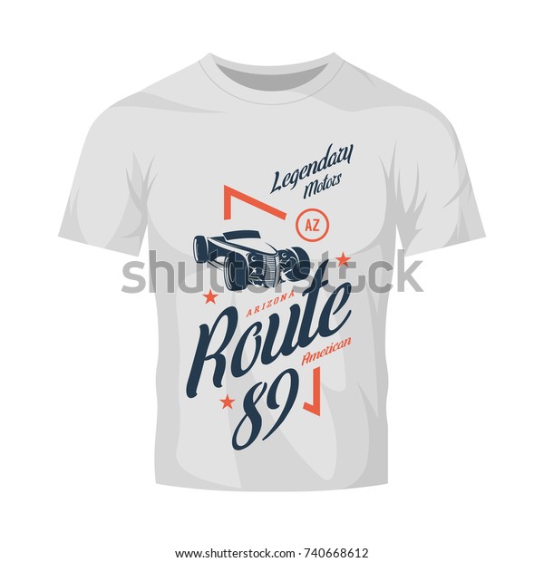Vintage roadster car vector logo isolated on\
white t-shirt mock up. Premium quality old sport vehicle logotype\
t-shirt emblem illustration. Route 89 racing street wear superior\
retro tee print\
design.