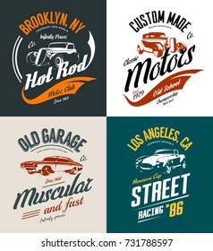 Vintage roadster, custom hot rod and muscle car vector tee-shirt logo isolated set. Premium quality old sport vehicle logotype t-shirt emblem illustration. Street wear superior retro tee print design.