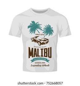 Vintage roadster vehicle vector logo isolated on white t-shirt mock up. Premium quality classic car logotype tee-shirt emblem illustration. Malibu, California street wear superior retro tee print desi 