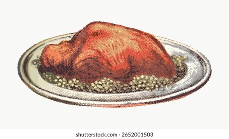 Vintage assado prato gosling elemento de design, ilustração isolada em branco, vetor. Ilustração de comida desenhada à mão vintage, desenho antigo, vetor. Vintage prato de comida, ilustração de refeição.