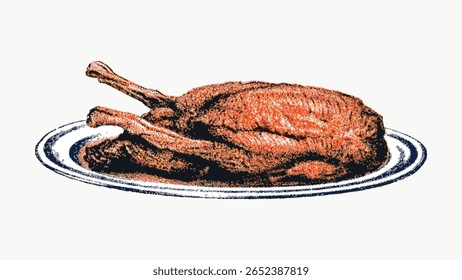 Vintage roast wild duck dish design element, illustration isolated on white, vector. Vintage hand drawn food illustration, antique drawing, vector. Vintage food dish, meal illustration.