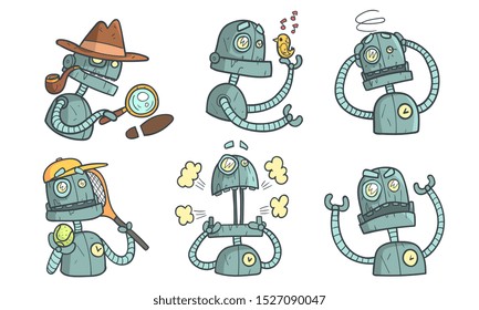 Vintage Robot Character Set, Funny Steampunk Robotics in Different Situations Vector Illustration