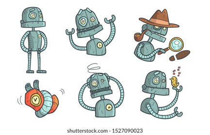 Vintage Robot Character Set, Steampunk Robotics in Different Situations Vector Illustration