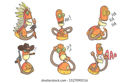 Vintage Robot Character Set, Steampunk Robotics Innovation Technology Vector Illustration