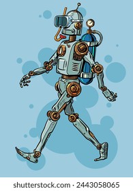 Vintage robot comes with scuba gear. Vacation selection recommendation system. Mesanisms for studying the deep sea. Pop Art Retro Vector Illustration Kitsch Vintage 50s 60s Style