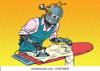 Vintage robot employee ironed clothes. pop art retro vector illustration. Homework and service in the hotel