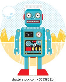 Vintage Robot Flat Vector Illustration on Space Background 3 - Blue, Yellow & Red