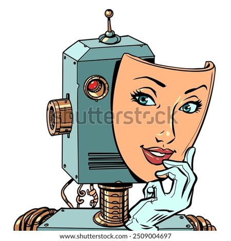 A vintage robot hides behind the face of a beautiful girl. Exposing bots on the Internet and in dating apps. The danger of third-party programs stealing your personal data. Comic cartoon pop art retro