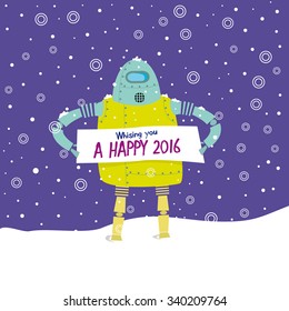 Vintage Robot  holding a happy New 2016 Banner