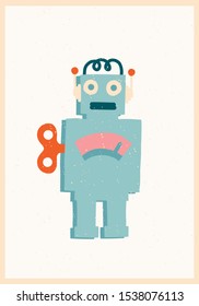 Vintage robot toy illustration in vector. Sci-fi poster or card for kids.