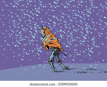 A vintage robot walks through the snow in a blanket. A lonely journey through cold obstacles. System software for equipment at a discount in honor of the New Year. Pop Art Retro Vector Illustration