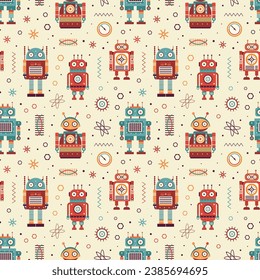 Vintage robots and retro tin toys pattern. Classic old school mechanical toys colorful ornament. Space cyborgs and old wind up models on seamless background for textiles and fabric designs.