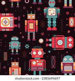 Vintage robots and retro tin toys pattern. Classic old school mechanical toys colorful ornament. Space cyborgs and old wind up models on seamless background for textiles and fabric designs.