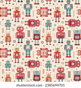 Vintage robots and retro tin toys pattern. Classic old school mechanical toys colorful ornament. Space cyborgs and old wind up models on seamless background for textiles and fabric designs.