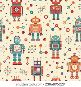 Vintage robots and retro tin toys pattern. Classic old school mechanical toys colorful ornament. Space cyborgs and old wind up models on seamless background for textiles and fabric designs.