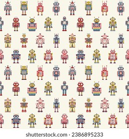 Vintage robots and retro tin toys pattern. Classic old school mechanical toys colorful ornament. Space cyborgs and old wind up models on seamless background for textiles and fabric designs.