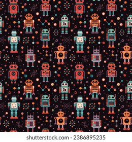 Vintage robots and retro tin toys pattern. Classic old school mechanical toys colorful ornament. Space cyborgs and old wind up models on seamless background for textiles and fabric designs.