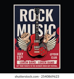 Vintage Rock Day live music festival concert poster flyer with red electric guitar, rock finger sign, and wings in vector illustration style