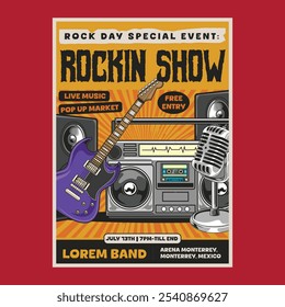 Vintage Rock Day live music festival concert poster flyer with radio, electric guitar, microphone, and speaker in vector illustration style