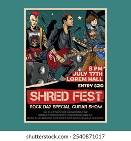 Vintage Rock Day Special Guitar Live music festival concert poster flyer with Band Personel playing electric guitar in vector illustration style