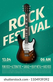 Vintage rock festival flyer with electric guitar. Retro music concert affiche, poster with typography. Vector template banner with rock guitar illustration