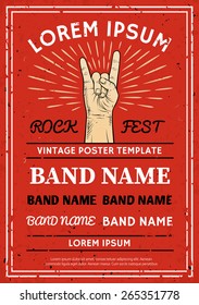 Vintage Rock festival poster, flyer with Rock and Roll hand sign