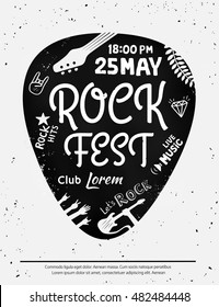 Vintage rock festival poster with Rock and Roll icons on grunge background. Vector format