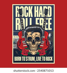 Vintage Rock Hard Roll Free live music festival concert poster flyer with a skull head, red electric guitar, radio, and speaker in vector illustration style