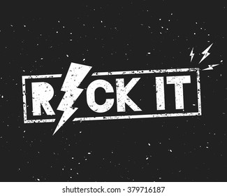 Vintage Rock Label. Rock It. Vector illustration with lightning on dark background. Template for your t-shirt, flyer, poster, banner, disc cover, cafe or some art works.