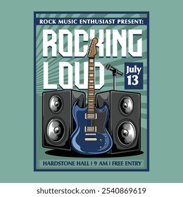 Vintage Rock Music Night party festival concert poster flyer with electric guitar, microphone, and speaker in vector illustration style