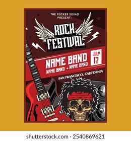 Vintage Rock Music night party festival concert poster flyer with skull head, electric guitar, and speaker in vector illustration style