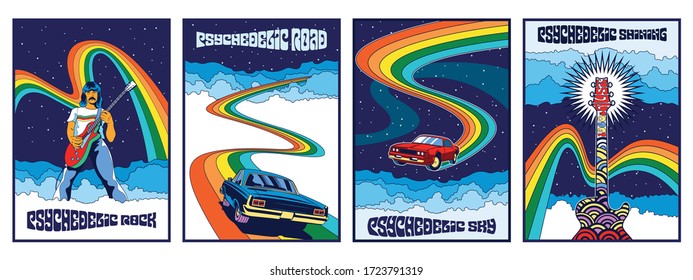 Vintage Rock Music Posters, Cover Templates Psychedelic Art 1960s, 1970s Style, Guitar, Guitaris, Muscle Cars, Rainbows