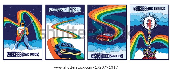 Vintage\
Rock Music Posters, Cover Templates Psychedelic Art 1960s, 1970s\
Style, Guitar, Guitaris, Muscle Cars,\
Rainbows