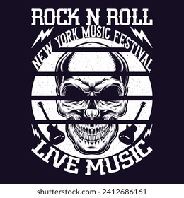 Vintage rock n roll poster. Skull and guitar typographic for print, t-shirt, tee design.