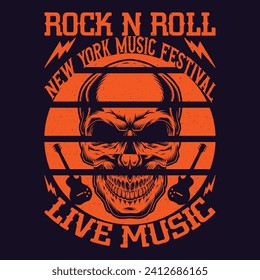 Vintage rock n roll poster. Skull and guitar typographic for print, t-shirt, tee design.