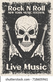 Vintage rock n roll poster. Skull and guitar typographic for print, t-shirt, tee design. Vector illustration