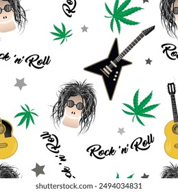 Vintage rock n roll seamless pattern. Skulls with long hair, guitars, stars, cannabis leaves, inscriptions are randomly located on a light background. Author's work. Vector.