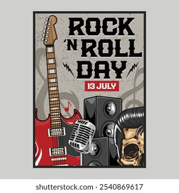 Vintage Rock and Roll Day festival concert poster flyer with skull head, electric guitar, microphone, and speaker in vector illustration style