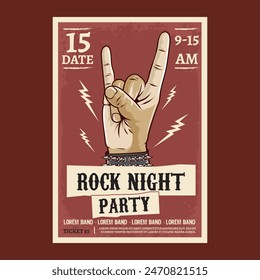 Antiguas Rock y rollo noche fiesta fiesta festival cartel volante con dedos de rock signo y relámpagos en estilo de Ilustración vectorial