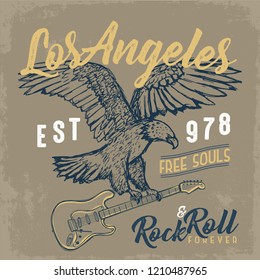 vintage rock and roll vector graphic illustration with hand drawn American eagle and electric guitar