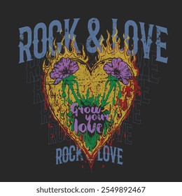 vintage Rock and roll vibes print design. heart is love shape with flowers print, Rock and roll vector t-shirt design. Fire with rose artwork. Music world tour artwork. Wild and free