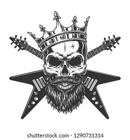 Vintage rock star skull in crown with beard mustache and crossed electric guitars isolated vector illustration