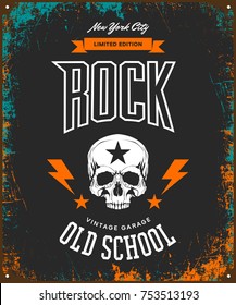 Vintage rock vector t-shirt logo isolated on dark background. Premium quality skull logotype tee-shirt emblem illustration. New York City street wear legendary music style old retro tee print design.